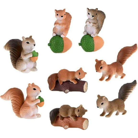Squirrel Cake Topper 8pcs, Miniature Animal Squirrel Figures Toy Garden Décor Figurine, Cupcake Topper Decoration for Kids Birthday Baby Shower