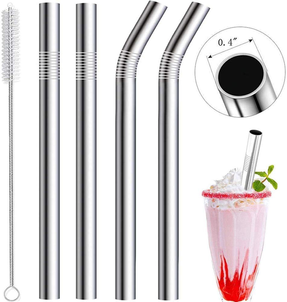 Smoothie Stainless Steel Smoothie Straws Set of 6 with 1 Cleaning Brush 3pcs 10.5 Bent |3pcs 8.5 Straight 0.4 Extra Wide Reusable Metal Drinking Straws for Milkshake Beverage 