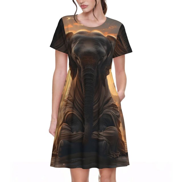 Disketp Lake Meditating Elephant para Vestido de Manga Corta para Mujeres, Vestidos de Verano para Mujeres, Casual y Holgado para la Playa