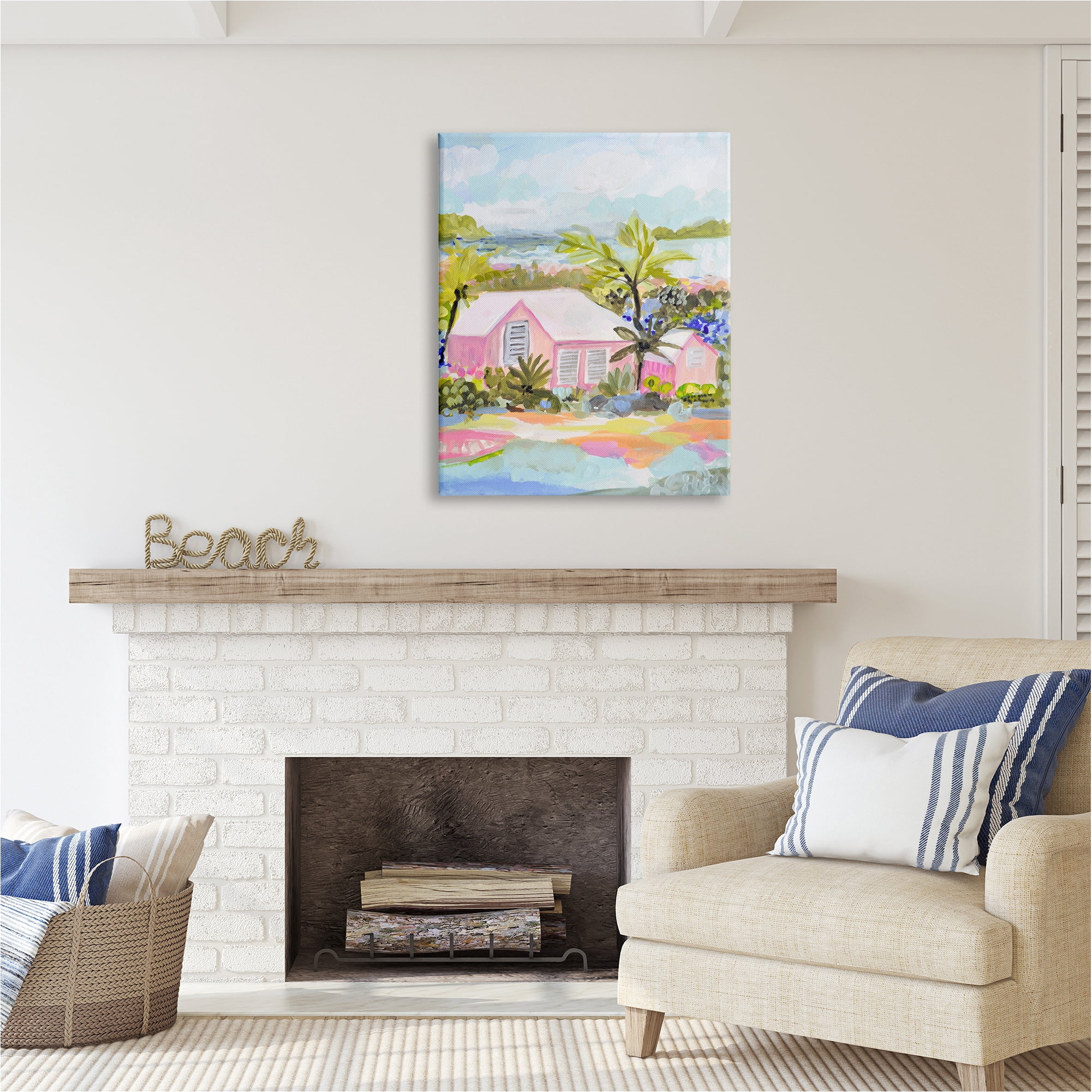 Stupell Industries Pink Tropical Cottage Landscape Painting Gallery Wrapped Canvas Art Print Wall Art, 30 x 40