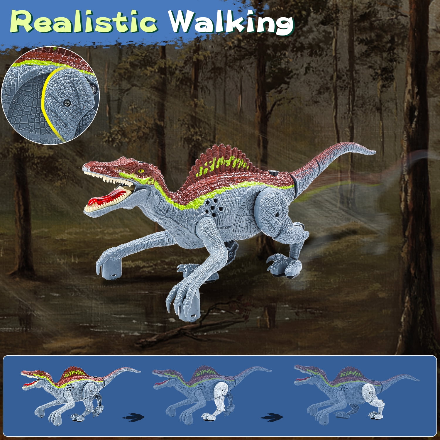 JoyStone Remote Control Dinosaur Toys, Gesture Sensing RC Dinosaurs - Realistic Walking, Roaring, and Spraying Spinosaurus Toys Robot Dinosaur for Kids, Grey
