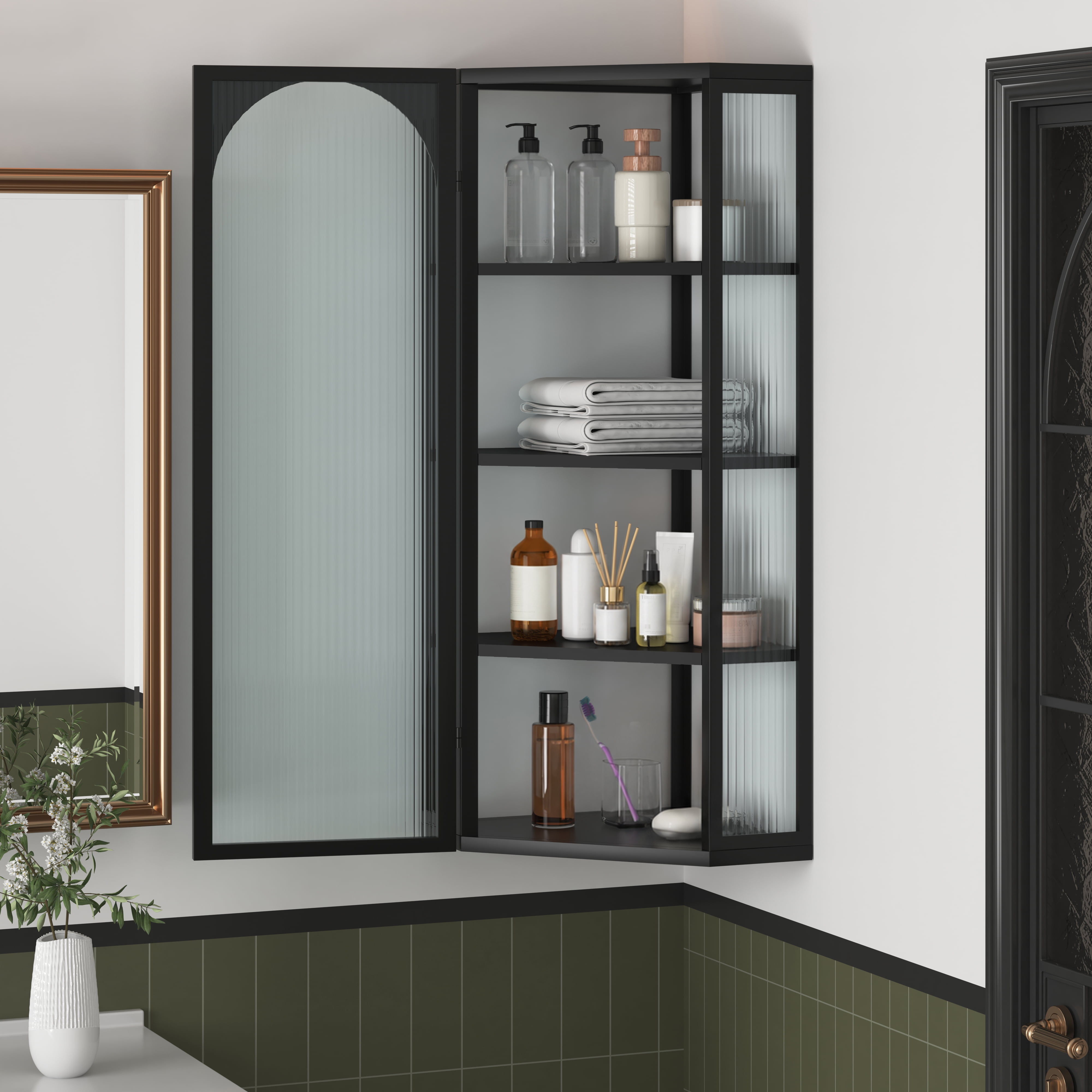 Wall Mounted Corner Cabinet 41.34 Inch, 4-Tier Glass Door Storage with Ribbed Glass and Metal Frame, Bathroom Organizer and Living Room Display Cabinet, Black