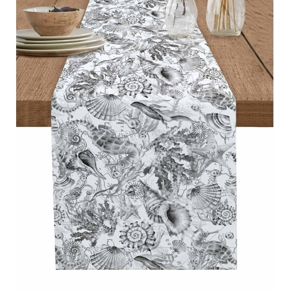 Table Runner Dresser Scarf 13 x 70 Inch Summer Grey Ocean Seahorse Seashell Starfish Coral Table Runners Non-Slip Heat Kitchen Dining Table Decor for Indoor Outdoor Home Party Decoration