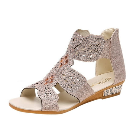 

Ykohkofe Women s Ladies Fashion Vintage Crystal Outdoor Hollow Out Zip Up Sandals Shoes Beige 7.5