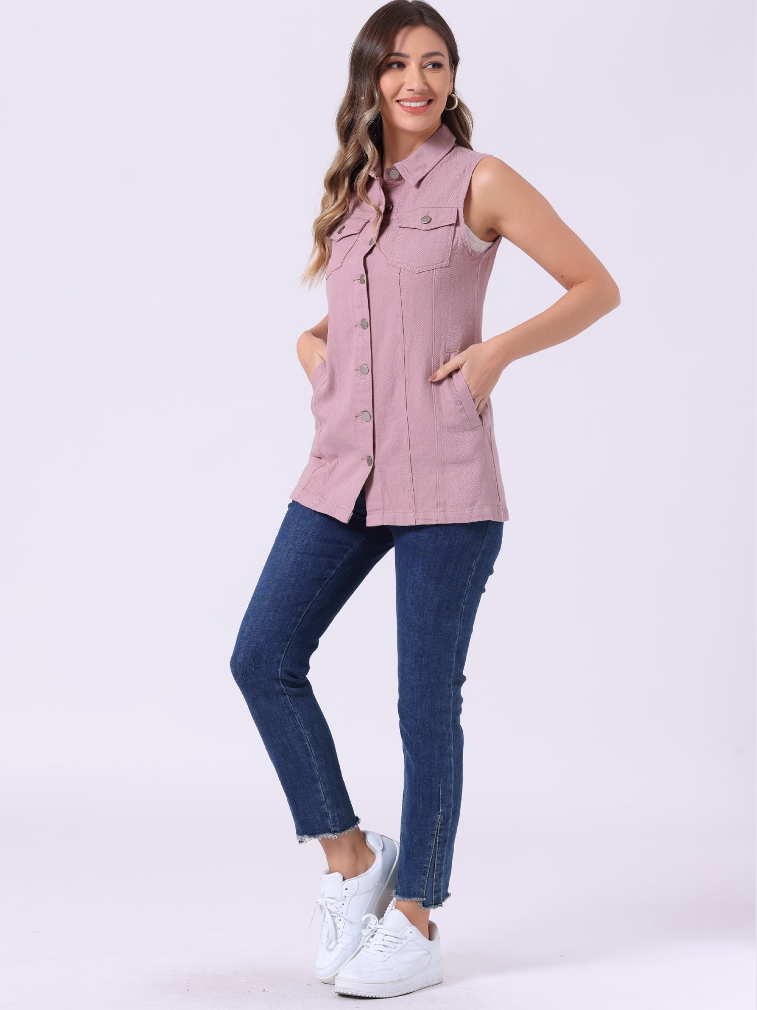 DARING DIVA Women's Button Down Sleeveless Pockets Mid-Long Denim Vest XS Pink