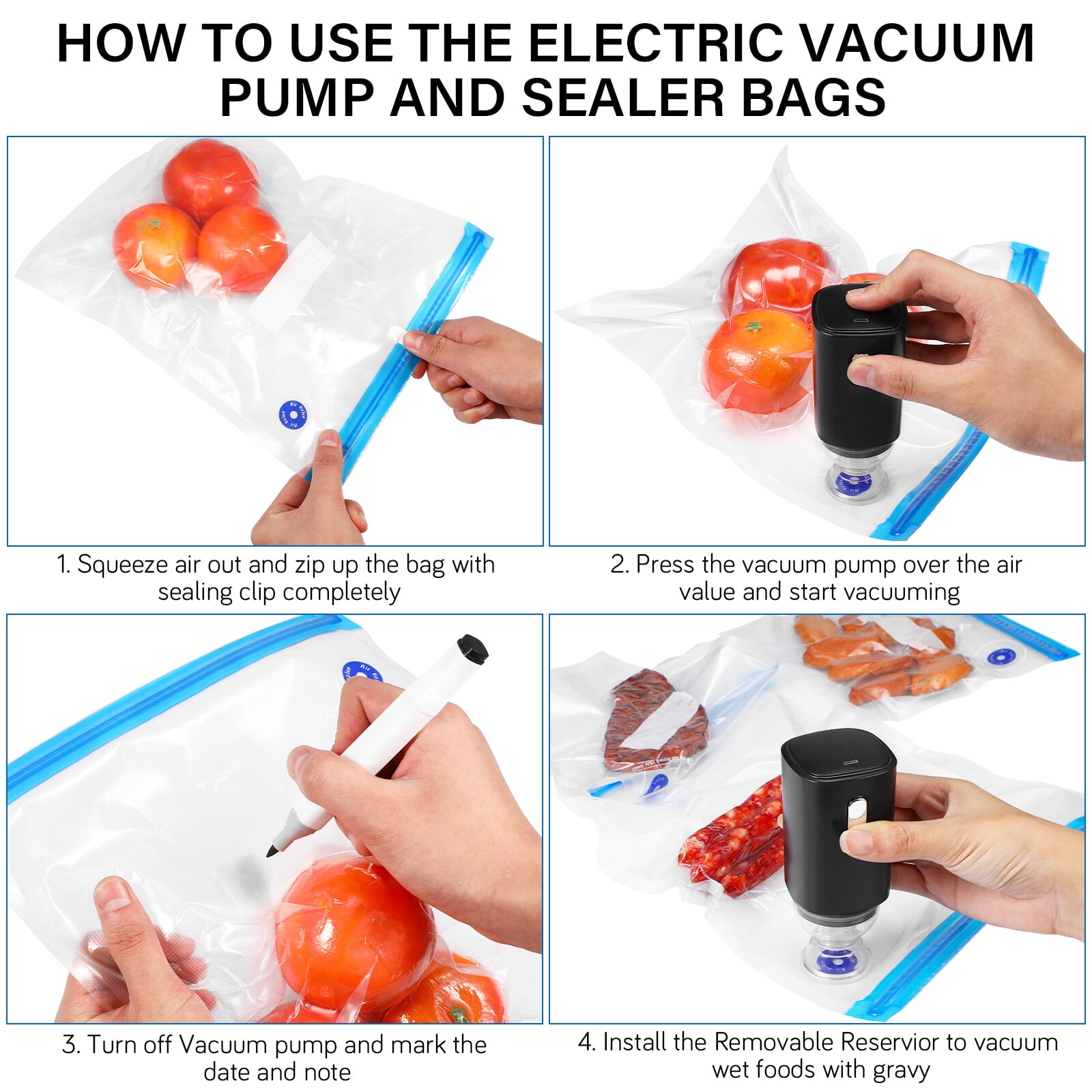 Handheld Vacuum Sealer, Portable Vacuum Sealer for Food, Save Sealer Food Vacuum Kit with 10 Reusable Sous Vide Bags, Size: 13X5X5CM, Black
