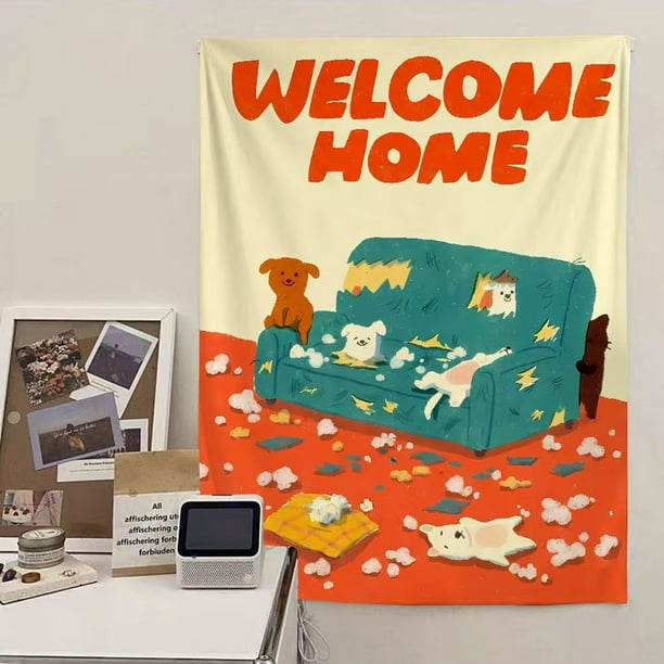 Tapestry Welcome Home con dibujos animados de perros en el sofá, 150 x 130 cm