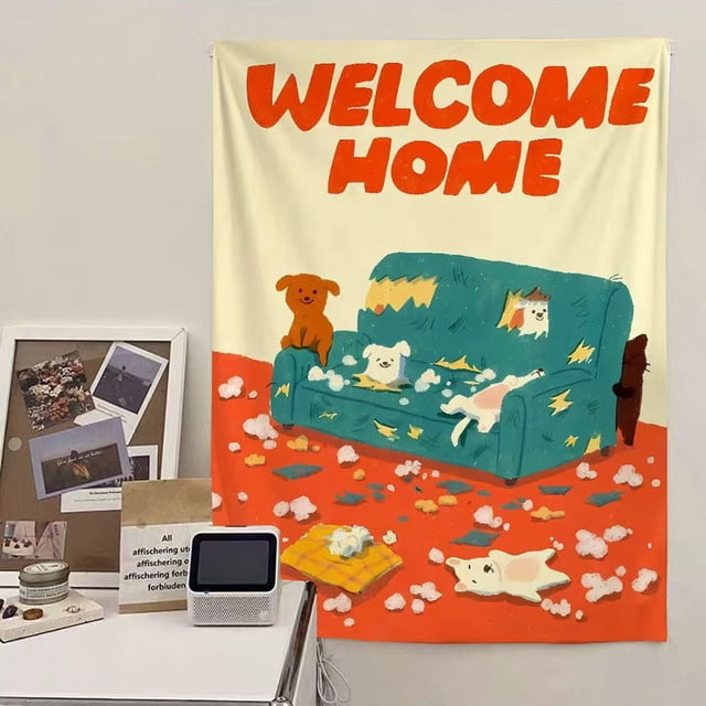 Tapestry Welcome Home con dibujos animados de perros en el sofá, 150 x 130 cm