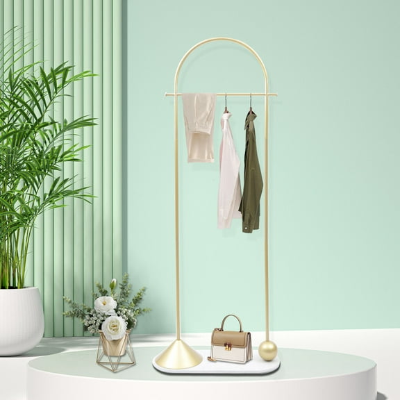 Miumaeov Freestanding Clothes Rack Gold Heavy Duty Garment Rack with Hanging Rod 2 Rounded Hooks and U-shaped Marble Base Coat Rack Dress Display Stand