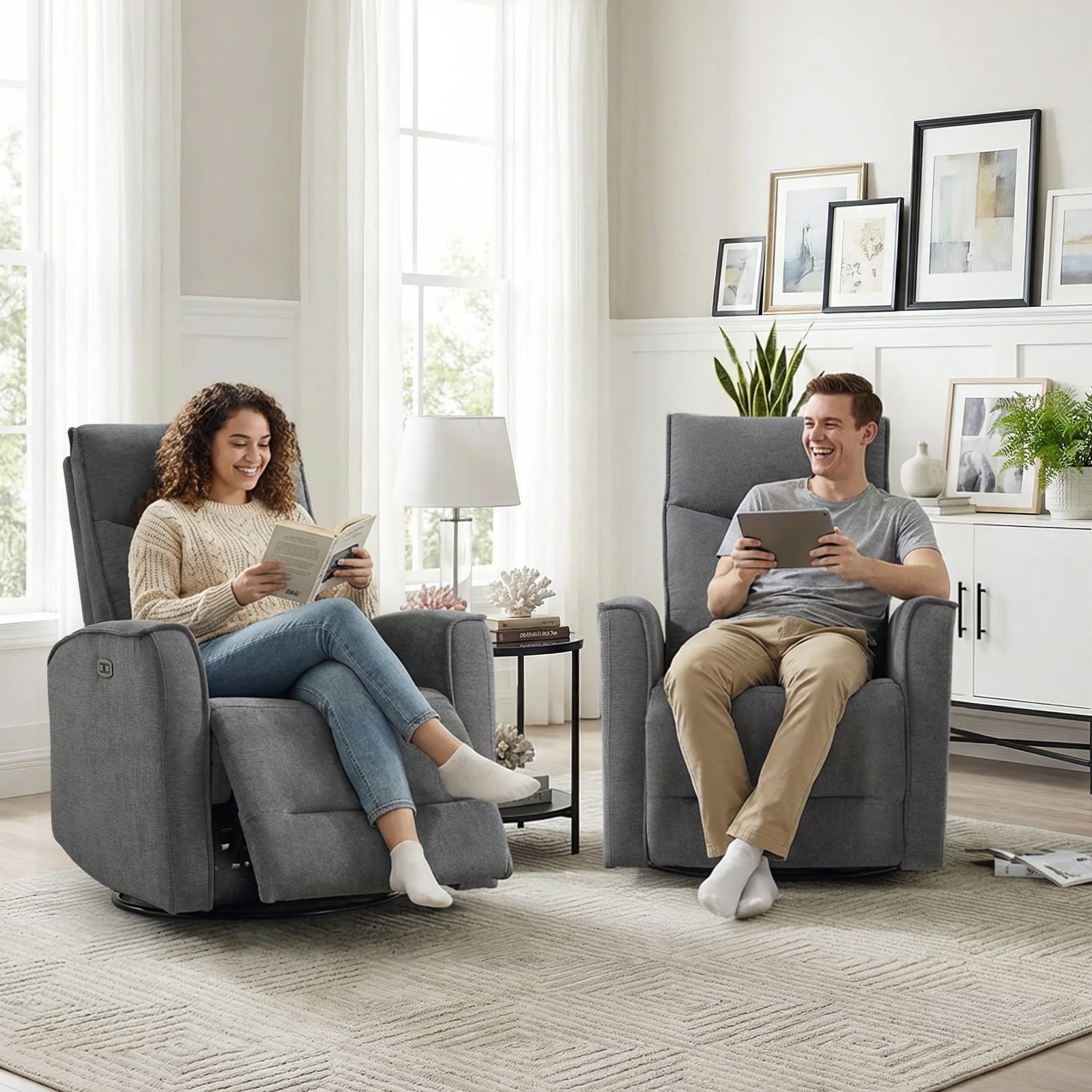Bonzy Home Electric Recliner Chair Set of 2, 270° Swivel Recliner Fabric Living Room Sofa Chair with USB Ports, Gray