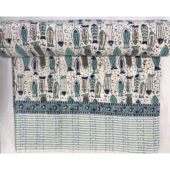 Ozark Textile Blue Fish Pattern Indian Handmade Block Print Bedspread
