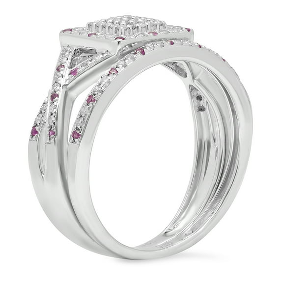 Dazzlingrock Collection Sterling Silver Round Pink Sapphire & White Diamond Engagement Bridal Ring Set, Size 5.5