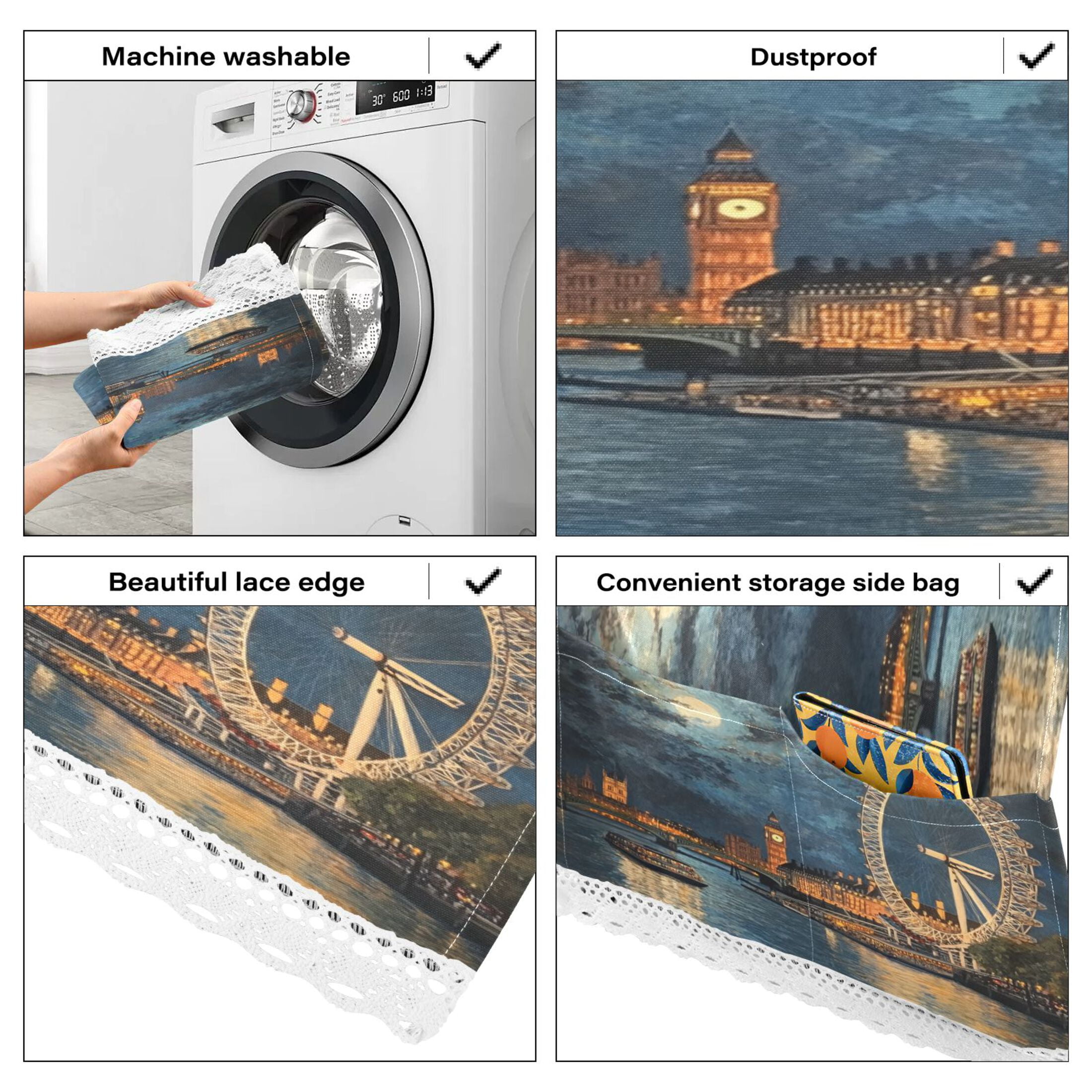 London Eye at NightWasher and Dryer Covers Dust-Proof and Oil Resistant Fridge Cover with 4 Storage Pockets Washing Machine Top Cover for Laundry Kitchen Home 51.2 x 22 In