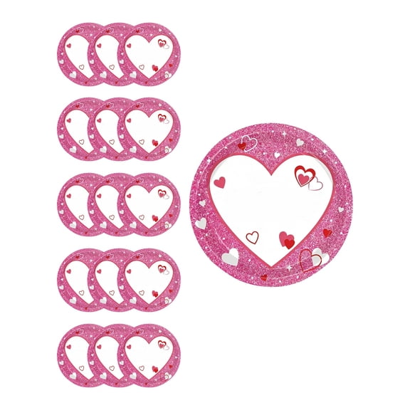 Lilixerw 16 PCS Valentine's Day Disposable Plates Party Tableware Set,Glitter Heart Design Disposable Paper Plates,Pink Romantic Tableware for Appetizer,Main Course,7 inch