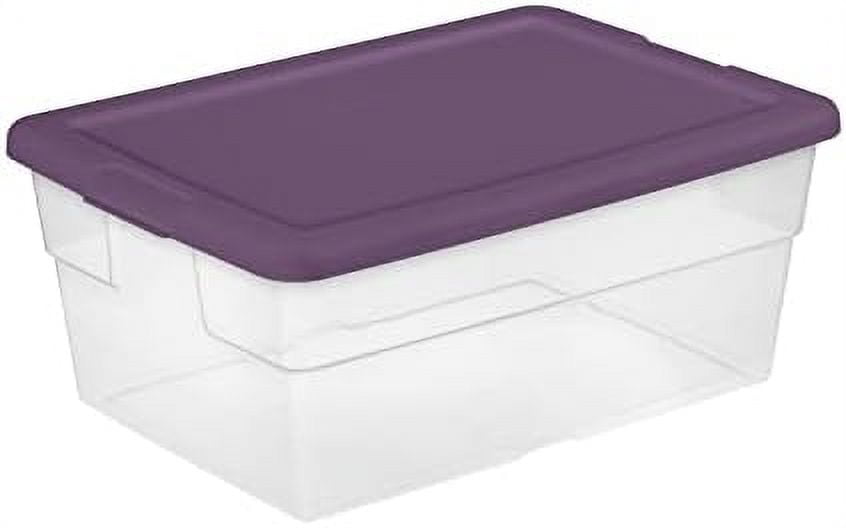 Stackable 16 Quart Clear Home Storage Box With Handles And Purple Lid For Efficient Household