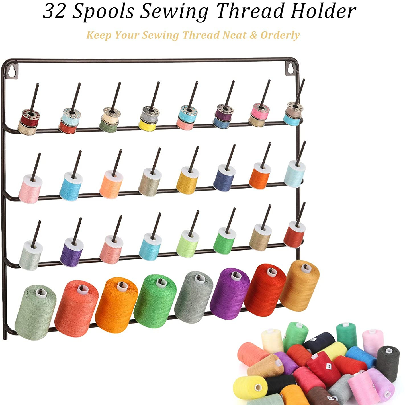 Wall Mounted 32 Spools Sewing Thread Rack Brown Metal Sewing Thread Holder