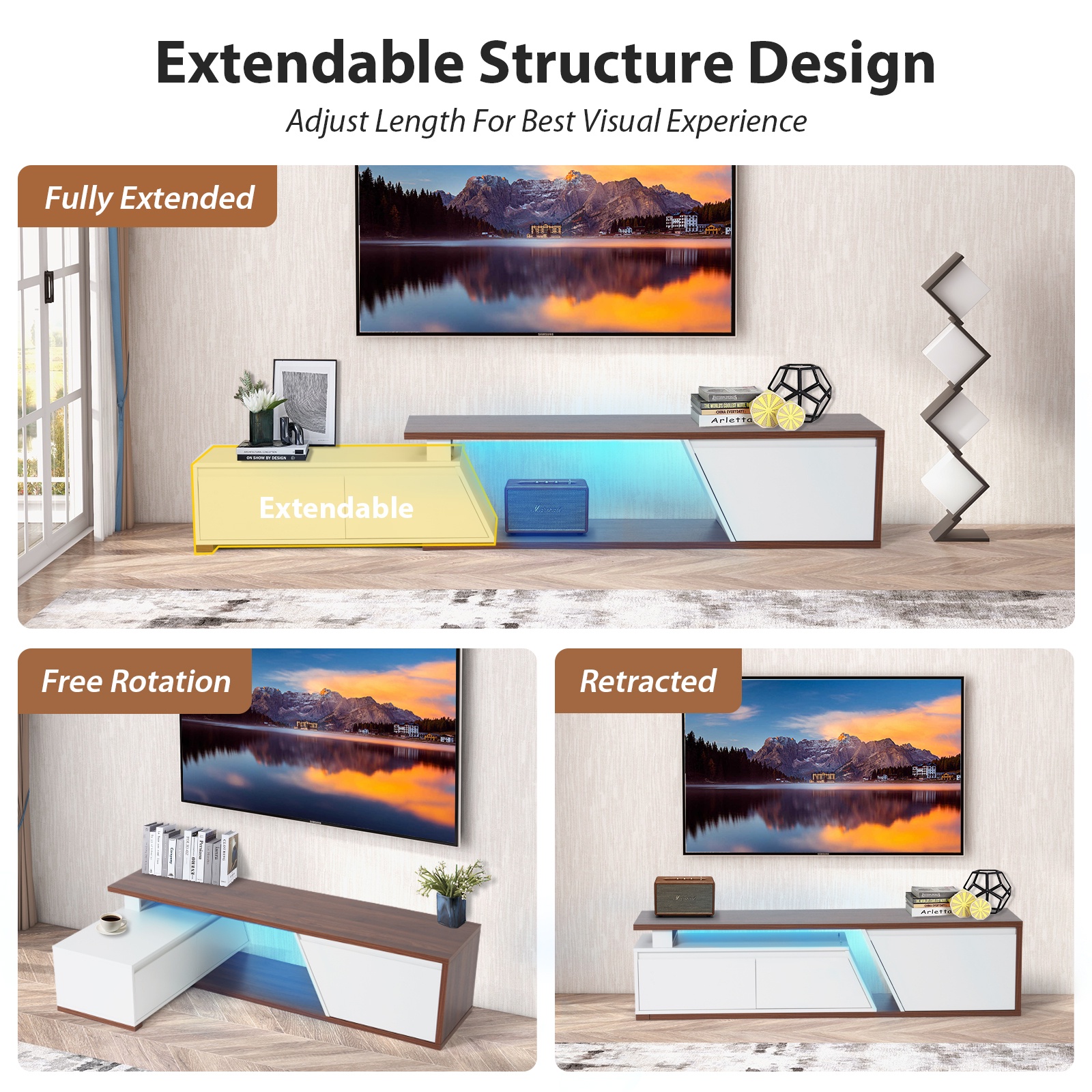 JOIVI Extendable LED TV Stand, Modern Entertainment Center with 2 Drawers, Sliding Tabletop Media Console with Storage Cabinet for Living Room, 63.0" - 90.5", White