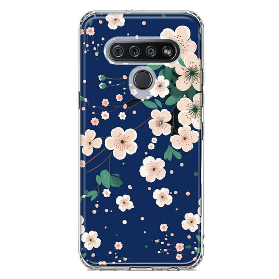MUNDAZE LG K51 Shockproof Clear Hybrid Protective Phone Case Kawaii Japanese Pink Cherry Blossom Navy Blue Cover