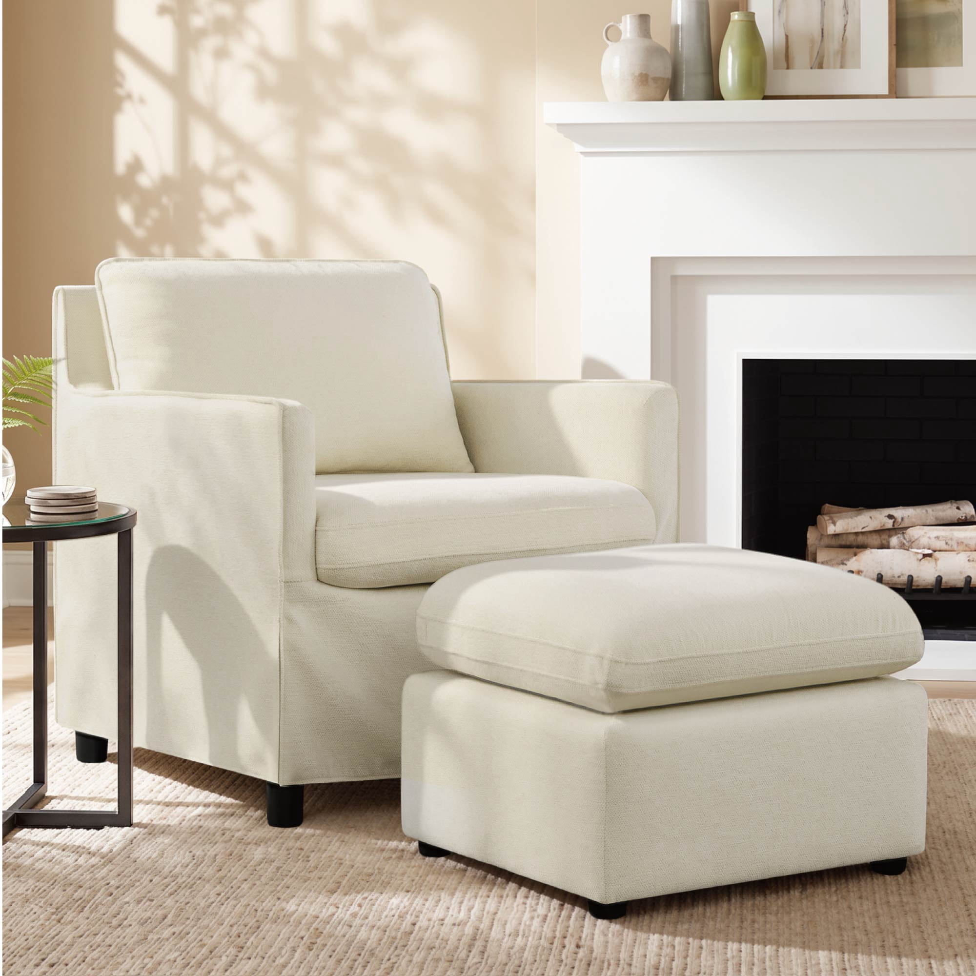 Spruce & Spring Upholstered Ottoman Footstool with Padded Cushion for Living Room and Bedroom, Sand