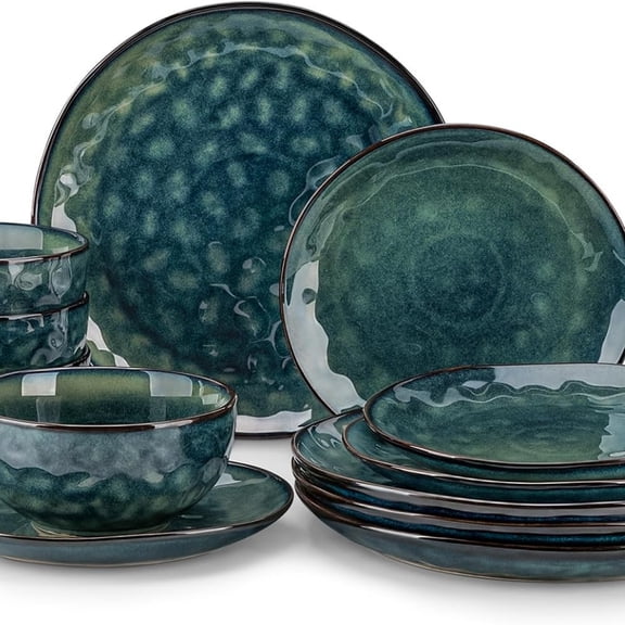 12-Pieces Dinnerware Set for 4, Stoneware Plates and Bowls Set Tableware, Dishwasher and Microwave , Green