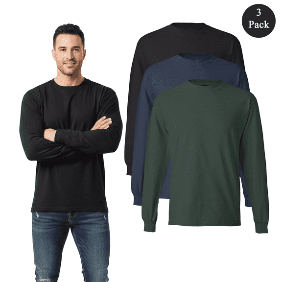 Hanes Men's Beefy-T Long Sleeve T-Shirt, Comfortable Crew Neck Assorted Color Durable Tee 3-Pack S