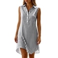 thumbnail image 5 of Ohufall Knee-Length Dress for Women Cotton Linen Turndown Collar Dress Stripe Breathable Summer Vacation Dress, 5 of 6