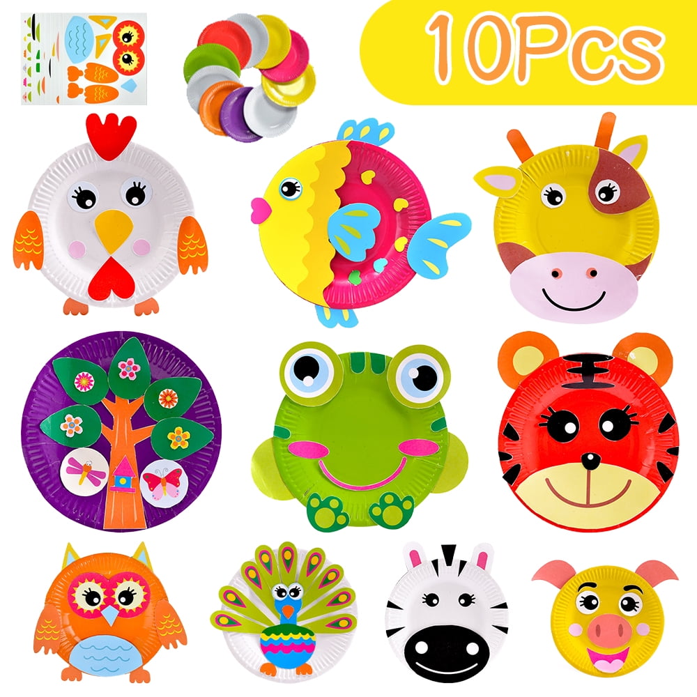 EIMELI Art Craft Gift for Kids 10 PCS Paper Plate Art Kit for Girl Boy Toy  DIY Animal Art Supply Projects Toddler Creative Activity Children Preschool  Classroom Party Game Crafts (Set A) -