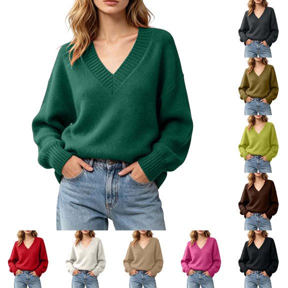 DYTTDG Women Solid Color Loose V-Neck Knit Pullover Sweater, Long Sleeve Ribbed Cuff Relaxed Fit Casual Knitted Jumper Daily Basic Knit Top
