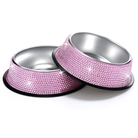 ACDANC Dog Bowls Pink,640Ml Handmade Rhinestones Stainless Steel Pet Bowls Double Food Water Feeder for Puppy Cats Dogs Cat Water Bowl- Set of 2