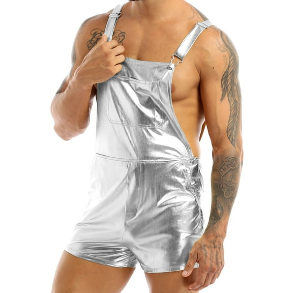 Xnihocha Mens Shiny Metallic Bib Overalls Suspender Shorts Pants Overalls Rave Party Cosplay Outfits Silver 3XL