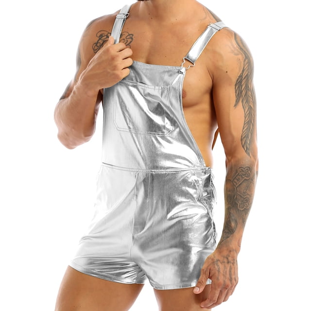 Men's Wide Shoulder Straps Shiny Metallic Bib Suspender Shorts Hotpants Silver 3XL