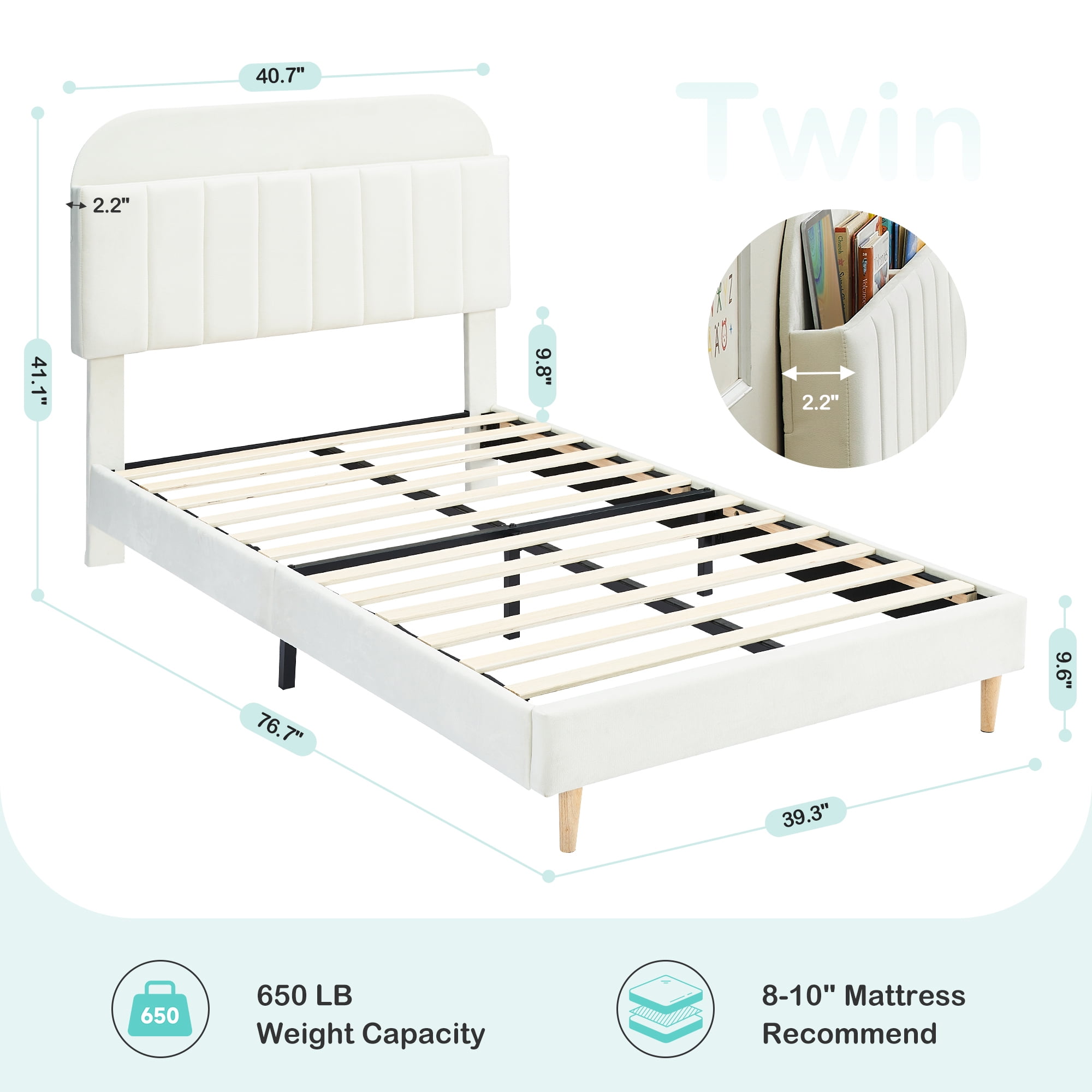 COZONY Twin Bed Frame, Velvet Upholstered Platform Bed w/ Bookcase Headboard, No Box Spring Needed, Noise-Free, Beige
