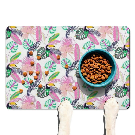 Flowers Pet Feeding Mat - Non-Slip Dog Bowl Mat with Absorbent Core, Keeps Floors Clean, Tropical Floral Print, Durable Material