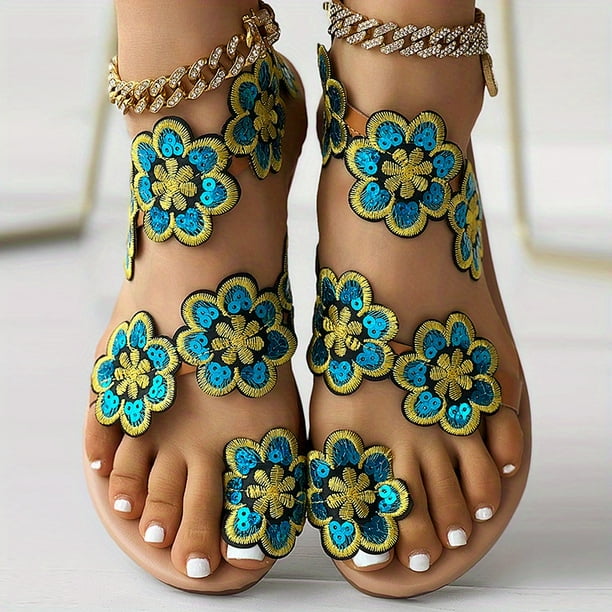 Sandalias Planas Con Flores Para Mujer, Zapatos Sin Cordones Con Perlas De Imitación Y Puntera A La Moda, Sandalias Informales Para Viajes En La Playa
