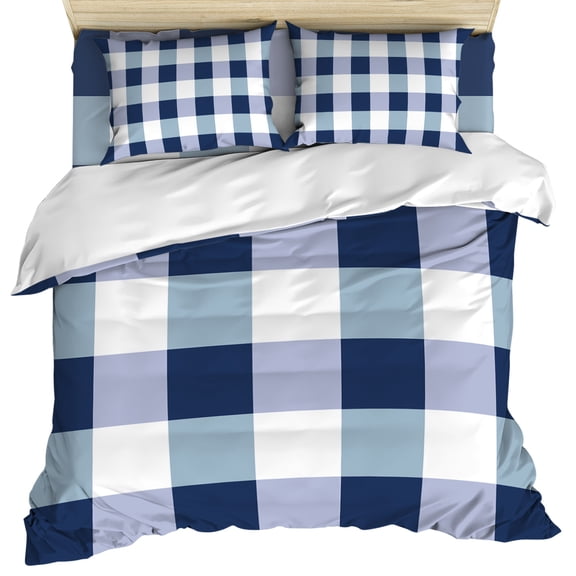 Navy Blue Plaid Duvet Cover Set, Spring Farmhouse Buffalo Checkered Soft Duvet Cover Twin Size Bedding Set 4 Pieces, 1 Quiltcover and 2 Pillowcases with Zipper, 1 Bed Sheet for All Seasons