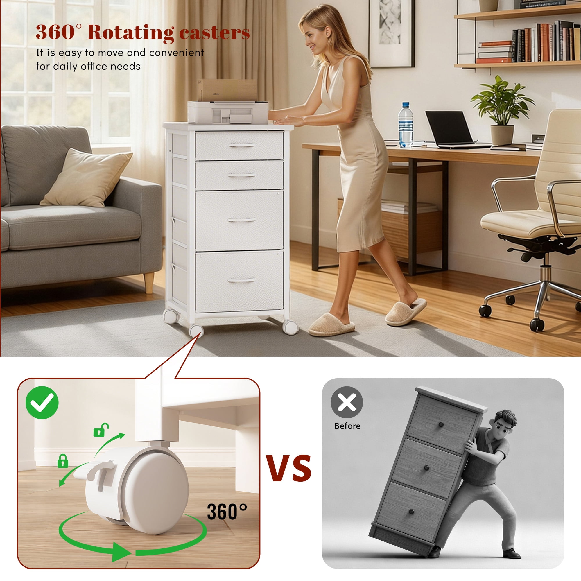 Romorgniz 4 Fabric Drawers Mobile File Cabinet Desk Table Cabinet Fits A4/Letter Size Printer Stand for Home Office，White