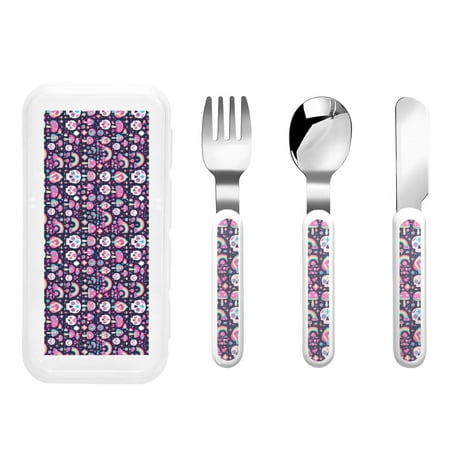 

Gaeub cute Skull rainbow mushroom Print 3-Piece Children Knife Spoon Fork Set Stainless Steel Child Flatware Set Kids Utensils Set with Case for Lunch Box (Fork Spoon Knife Combo)