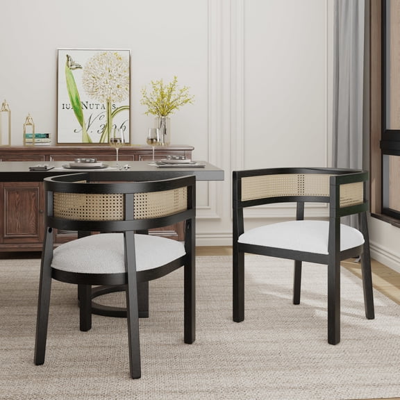 Christopher Knight Home Upholstered Dining Chairs, Wood Frame with Rattan Round Backrest, Black, Set of 2