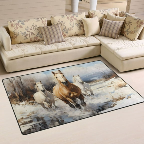 Horses Snow Pool Trees Area Rug Washable Floor Carpet Mat 60 x 39 inch for Bedroom Living Room Kids Room Home Decor