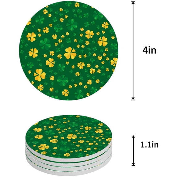 FMSHPON Happy St. Patrick's Day Clover Set of 6 Round Coaster for Drinks, Absorbent Ceramic Stone Coasters Cup Mat with Cork Base for Home Kitchen Room Coffee Table Bar Decor
