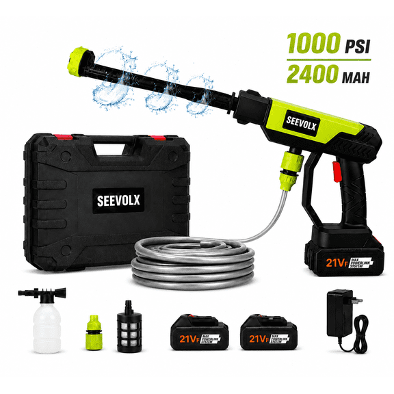 SEEVOLX 1000PSI Cordless Pressure Washer, 21V Handheld Portable Power Washer with 2 Batteries,6-in-1 Nozzle, 16FT Hose, for Car Washing, Garden