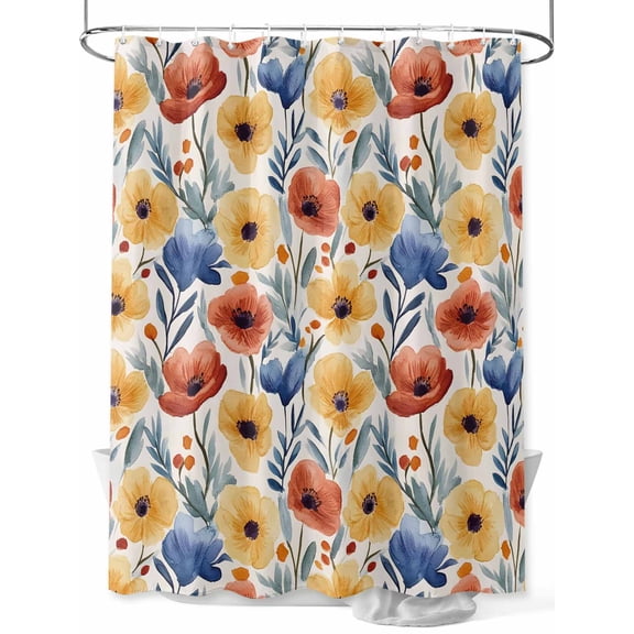 Spring Floral Shower Curtain Set, Waterproof Shower Curtains for Bathroom, Red Yellow Blue Summer Botanical Washable Fabric Cloth Bath Curtain for Bathtub Decoration with Hooks 72x78 Inches
