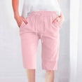 thumbnail image 2 of Lovskoo Cotton Linen Shorts for Women Knee Length Bermuda Shorts Trendy Casual Solid Color Waist Elastic Loose Straight Wide Leg Half Shorts with Pocket Pink, 2 of 6