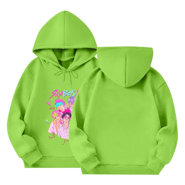 Moonsky Sudadera con capucha y cordón HUNTRX, estampado de grupo de chicas coreanas, jersey corto, suave y cómodo, top de manga larga para primavera y otoño. Verde fluorescente 140