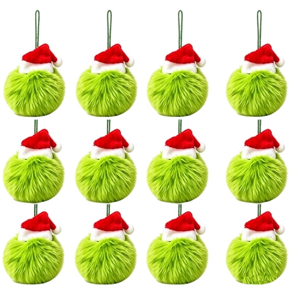 Christmas Hanging Ball Ornaments, 3.2" Green Round Bauble Decor with Santa Hat for Xmas Tree Wreath Holiday Party Decoration