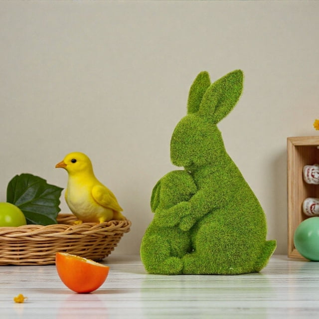 yulier Easter Bunny Figurines Set, Resin Flocked Bunny Statues, Artificial Green Moss Rabbit Statues Easter Decorations for Outdoor Garden Home Decor, Spring Tabletop Centerpiece, 8.26"