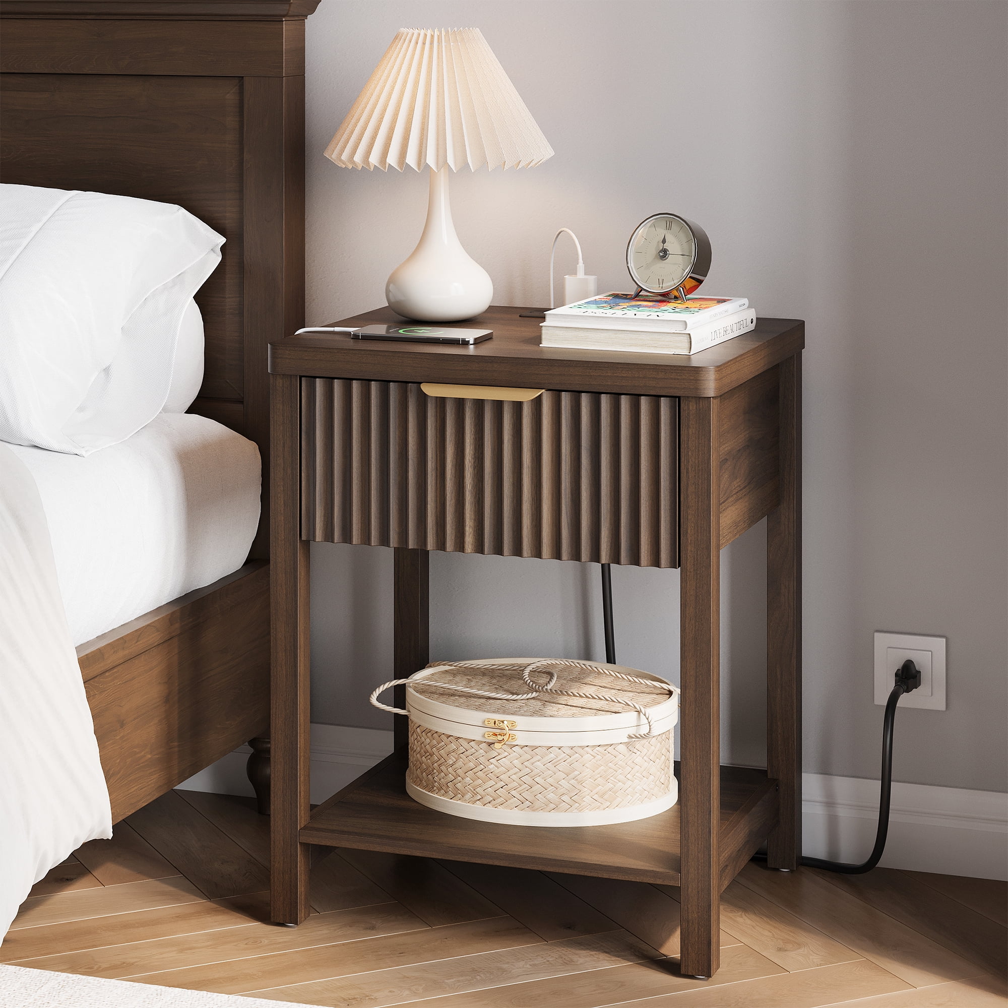 Aufeile Nightstand for Bedroom Set of 2 with Charging Station, Modern Side Table with Drawer & Open Shelf, Fluted End Table with 2 AC Outlets, USB & Type-C, Walnut