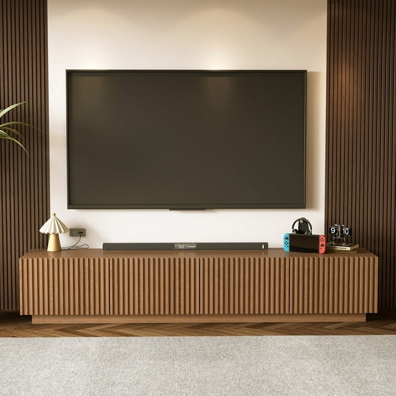 gaoyangjiaju 86.61" Wooden TV Cabinet with Open Shelving, Removable Divider and Cable Management (Pedestal 15.74" D x 86.61" W x 17.5" H)
