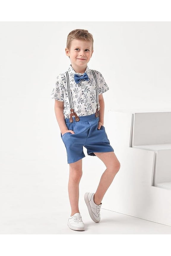 Toddler Boy Outfit Clothes Suit Dress Shirt Bowtie Suspender Pants Kid Outfits Cotton Fabric