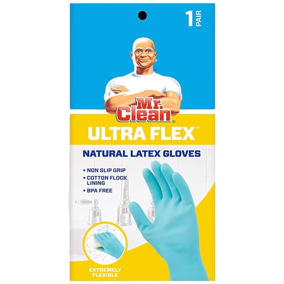 Mr. Clean Ultra Flex Natural Latex Cleaning Gloves, Cotton Flock Lining, Large, 1 Pair, Blue